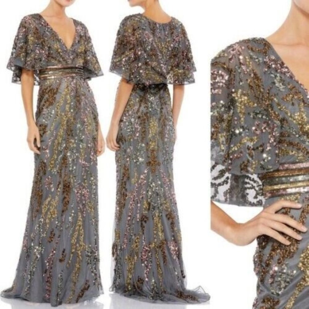 Mac Duggal Charcoal Gray Sequin Capelet Mesh Gown